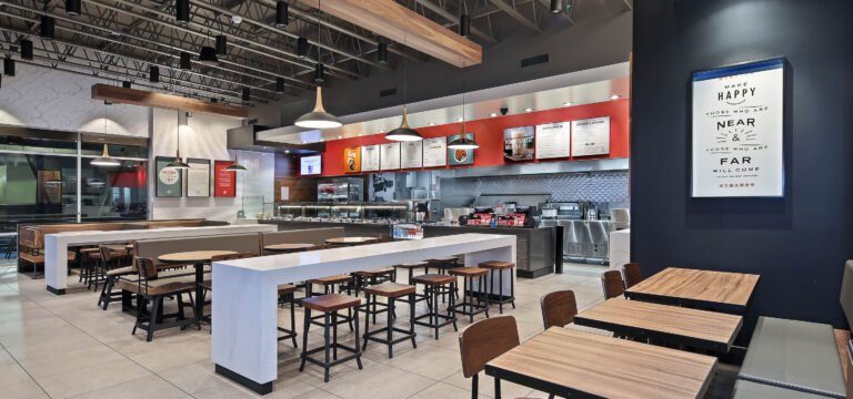 Modern fast food restaurant interior with stylish, easy-to-clean flooring.